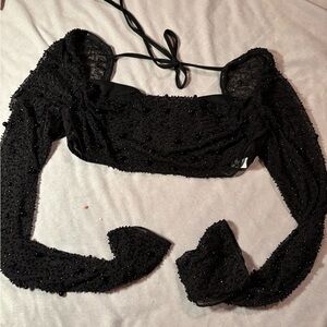 Black Beaded Long Sleeve Crop Top